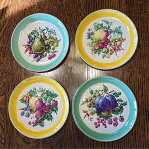 W S George 4 Vintage Fruit Motif Salad Plates 7.25" Apple Grape Pear Plum Gold